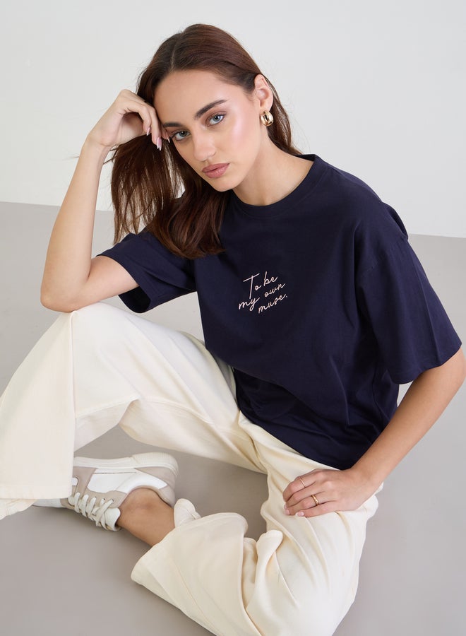 Styli Navy Blue Embroidered Slogan Oversized T-Shirt - Image 1