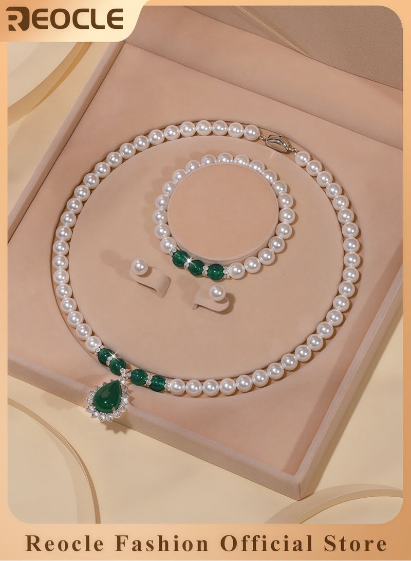ريوكل طقم قلادات لؤلؤ نسائية طقم قلادات لؤلؤ نسائي 1 قطعة قلادات وسوار 1 قطعة وزوج أقراط لؤلؤ عقيق طقم مجوهرات عروس مجوهرات أنيقة هدايا للأم والزوجة والصديقة - Image 1
