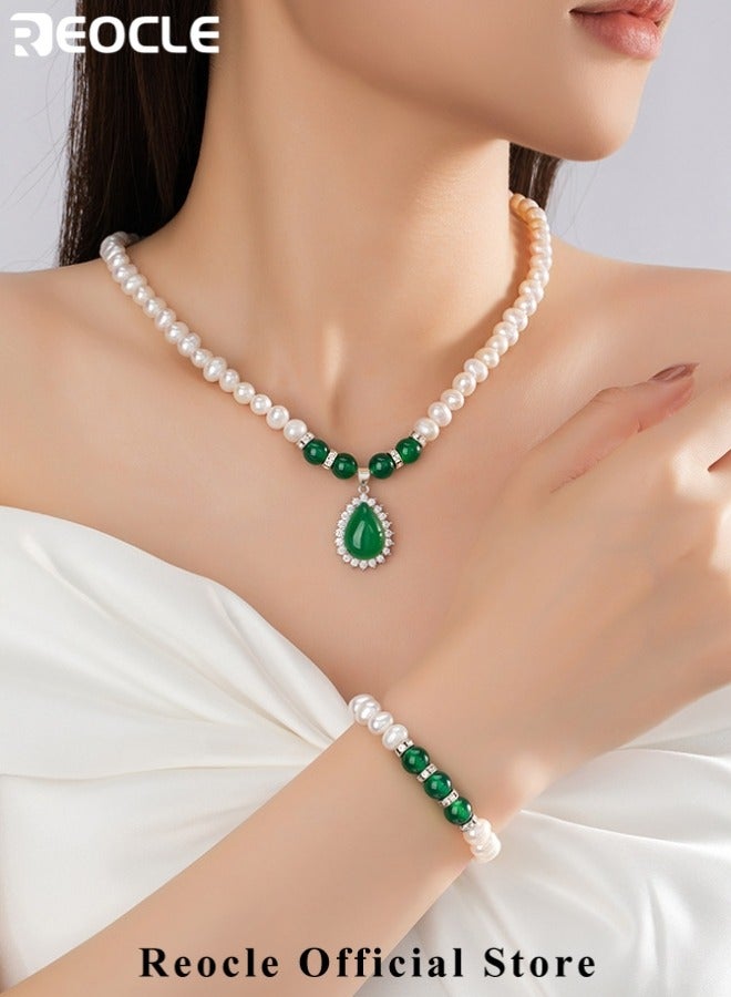 ريوكل طقم قلادات لؤلؤ نسائية طقم قلادات لؤلؤ نسائي 1 قطعة قلادات وسوار 1 قطعة وزوج أقراط لؤلؤ عقيق طقم مجوهرات عروس مجوهرات أنيقة هدايا للأم والزوجة والصديقة - Image 3