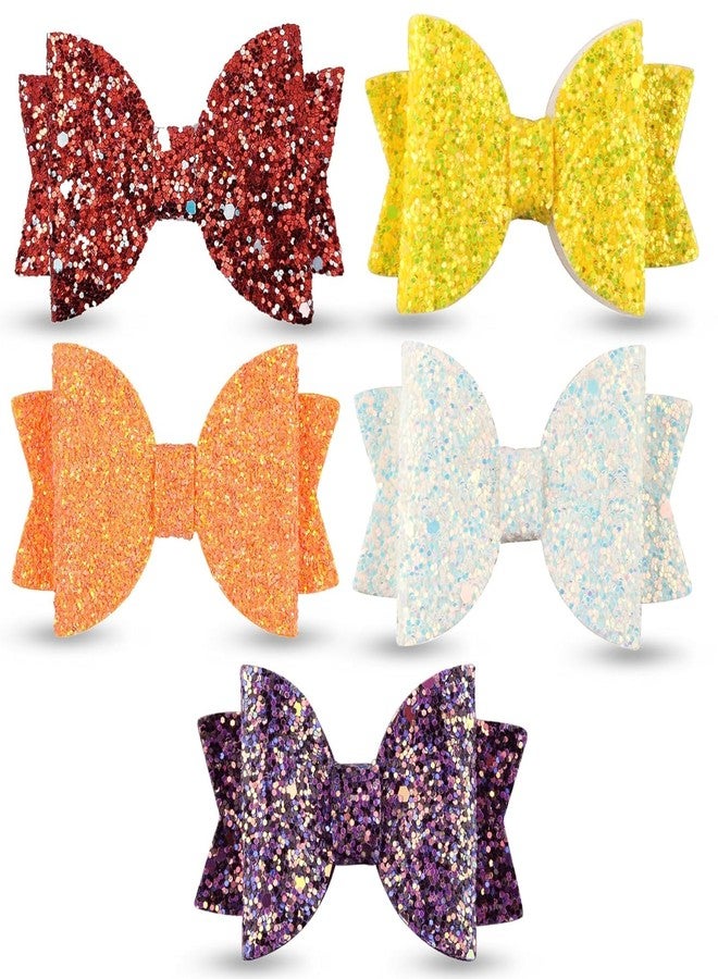HOMEMATES 5 Pcs Korean Stylish 3.5 Inch Glitter Bows Boutique Hair Clips Multicolor Hair Accessories for Baby Girls, Toddlers, and Teens, Cute Sparkly Clips for Parties and Everyday Wear - Image 1