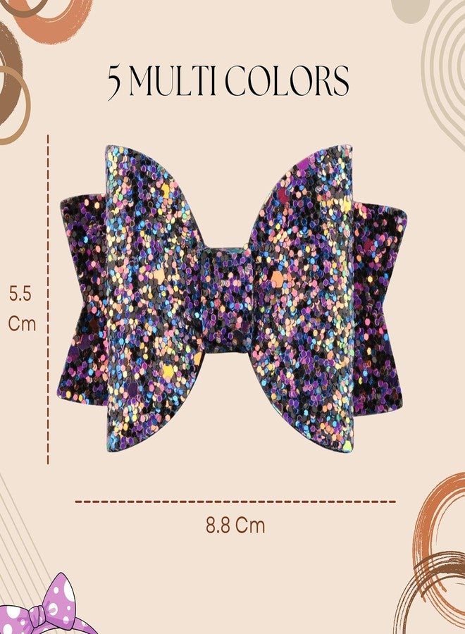HOMEMATES 5 Pcs Korean Stylish 3.5 Inch Glitter Bows Boutique Hair Clips Multicolor Hair Accessories for Baby Girls, Toddlers, and Teens, Cute Sparkly Clips for Parties and Everyday Wear - Image 2