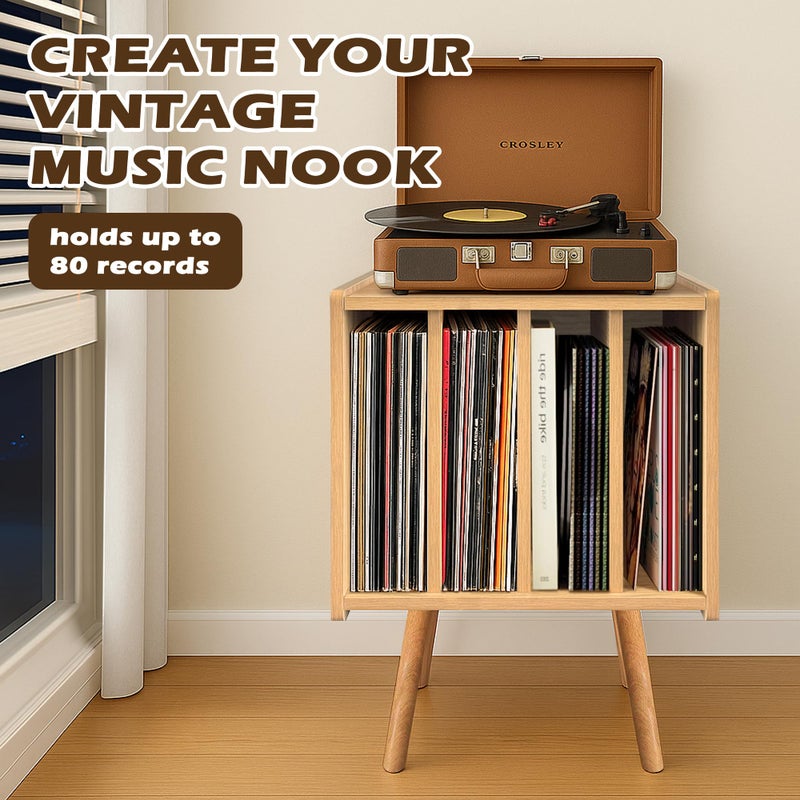 montex Record Player Stand, Vinyl Record Storage Table with 4 Cabinet, Mid Century Modern Turntable Stand, Organizer Vinyl Table for Bedroom Living Room, Oak - Image 2