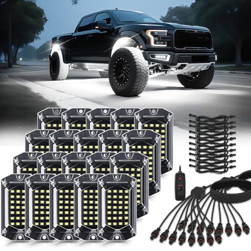 TDE Explorer.Lighting 20 Pods Full Angle Pure White LED Rock Lights with Extension Wires, 28 LEDs 6500K Super Bright White Neon Underglow Kit IP68 Waterproof for Semi Trucks Trailer Offroad Pickup Boats RV Vans SUV UTV - Image 1
