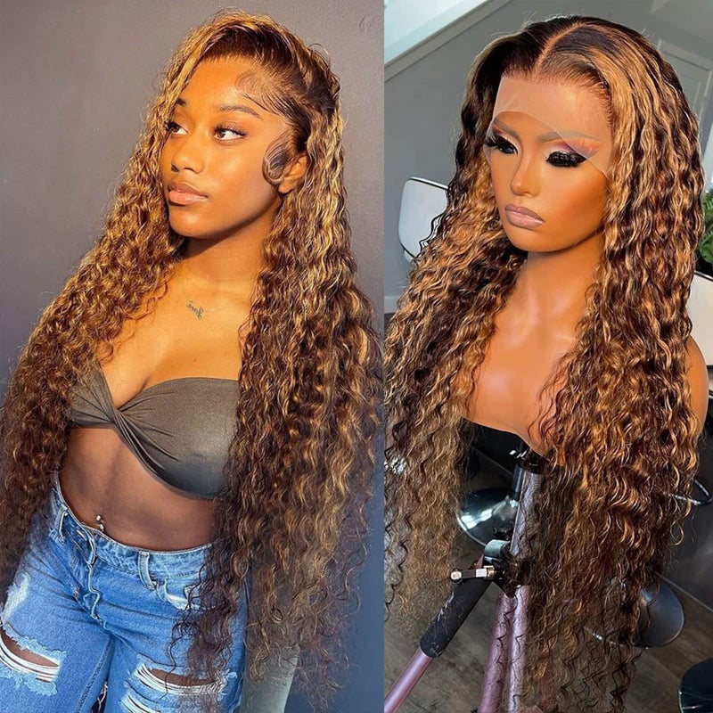 Daules Highlight Ombre 13x4 Deep Wave HD Undetectable Transparent Lace Front Wigs Human Hair for Women 427 Color Honey Blonde Curly Frontal Wig 180 Density Glueless Pre Plucked Super Soft 30inch