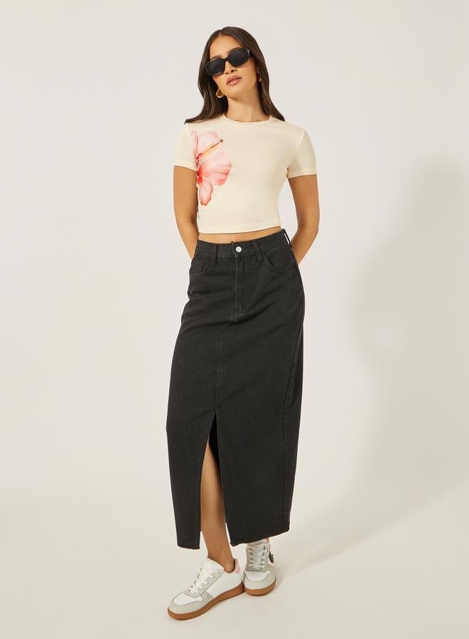 Styli Hibiscus Floral Graphic Print Fitted Crop T-Shirt  - Image 1