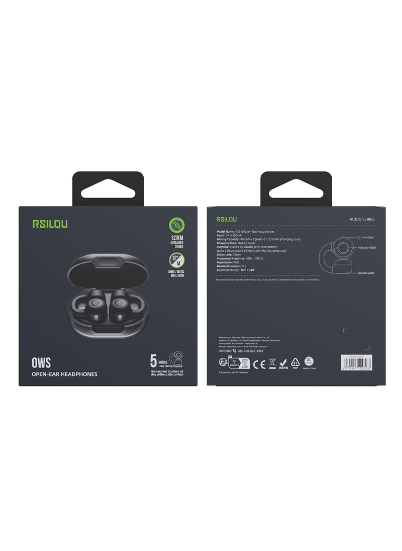 OW02U OWS wireless Bluetooth Earbuds, fast charging, comfortable for extended wear, with dual modes for seamless switching, physical button controls for activating voice assist, answering calls, managing music , preventing accidental operations