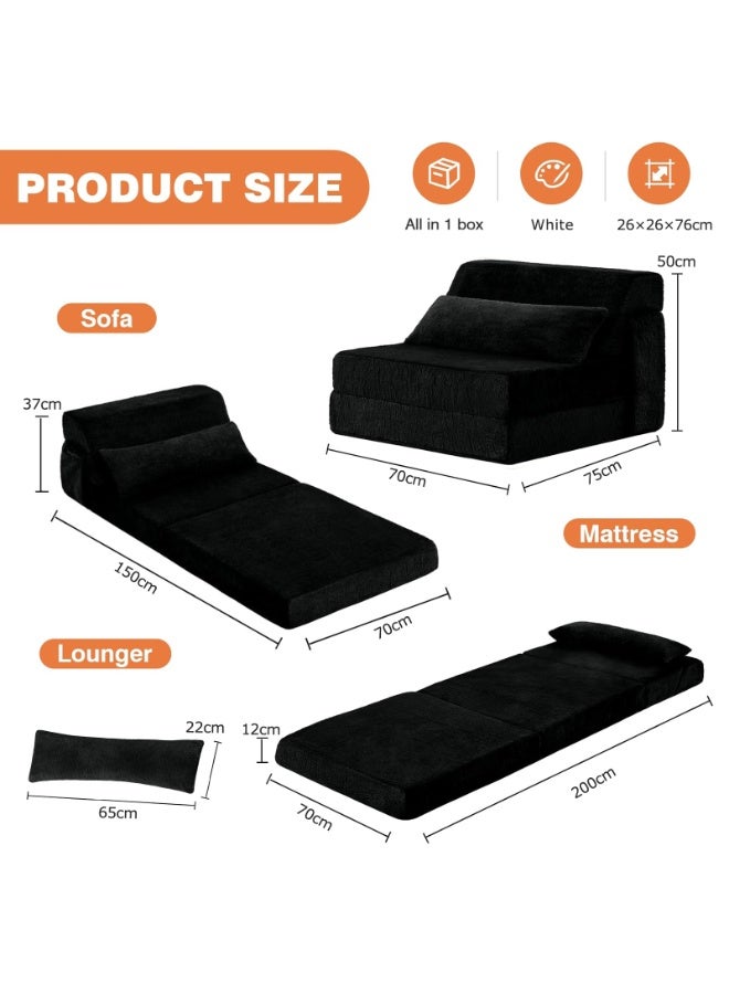 YSOAE Portable Comfy Folding Sofa Bed, Fold Out Sleeper Couch with Back Support,  Futon Mattress for Travel & Camping, Floor Lounger Chair Bed for Living Room, Guest Room, Dorm, Apartment, Black - Image 4