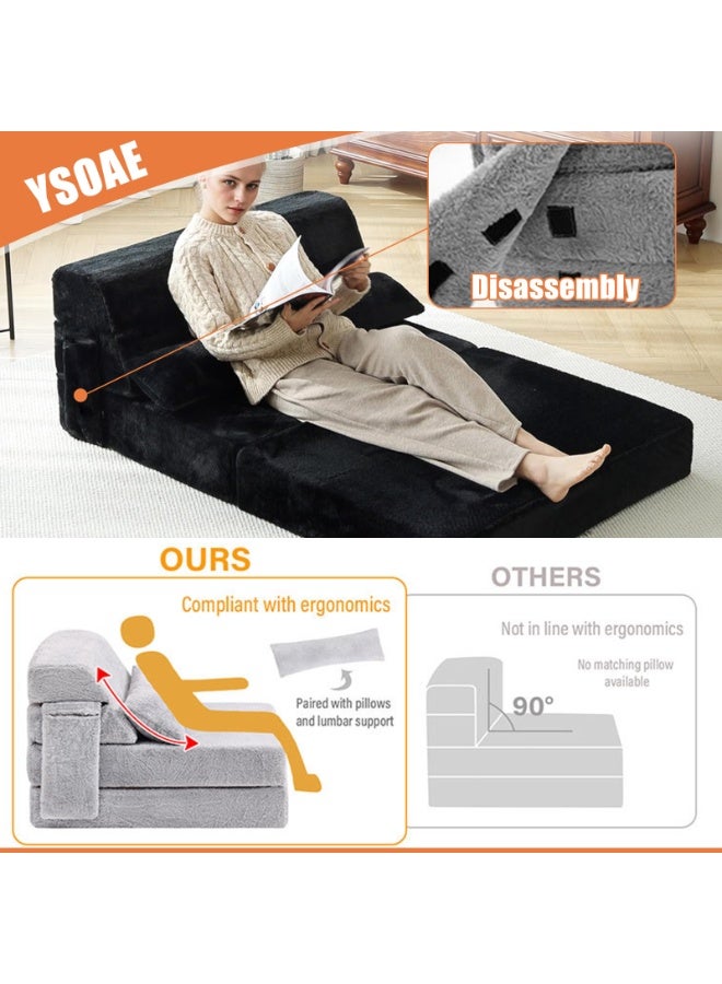 YSOAE Portable Comfy Folding Sofa Bed, Fold Out Sleeper Couch with Back Support,  Futon Mattress for Travel & Camping, Floor Lounger Chair Bed for Living Room, Guest Room, Dorm, Apartment, Black - Image 5