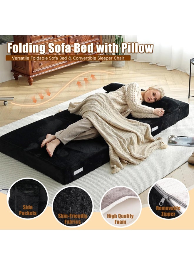 YSOAE Portable Comfy Folding Sofa Bed, Fold Out Sleeper Couch with Back Support,  Futon Mattress for Travel & Camping, Floor Lounger Chair Bed for Living Room, Guest Room, Dorm, Apartment, Black - Image 2