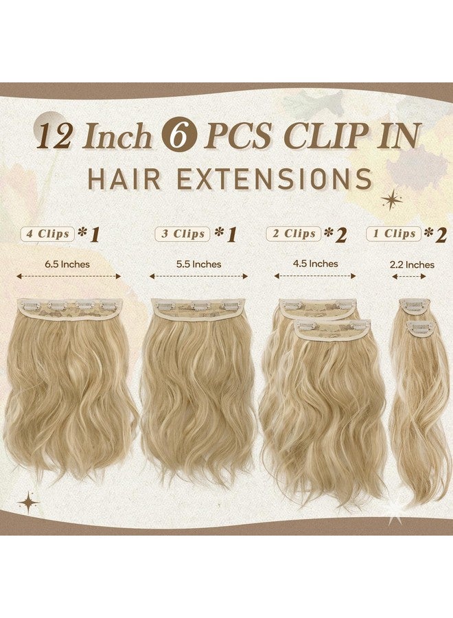 BARSDAR Blonde Clip In Hair Extensions - 12 Inch Short Wavy Clip In Hair Extensions For Women - 6Pcs Thick Soft Synthetic Clip In Hairpieces Daily Party Halloween - Light Ash Blonde Mix - Image 2