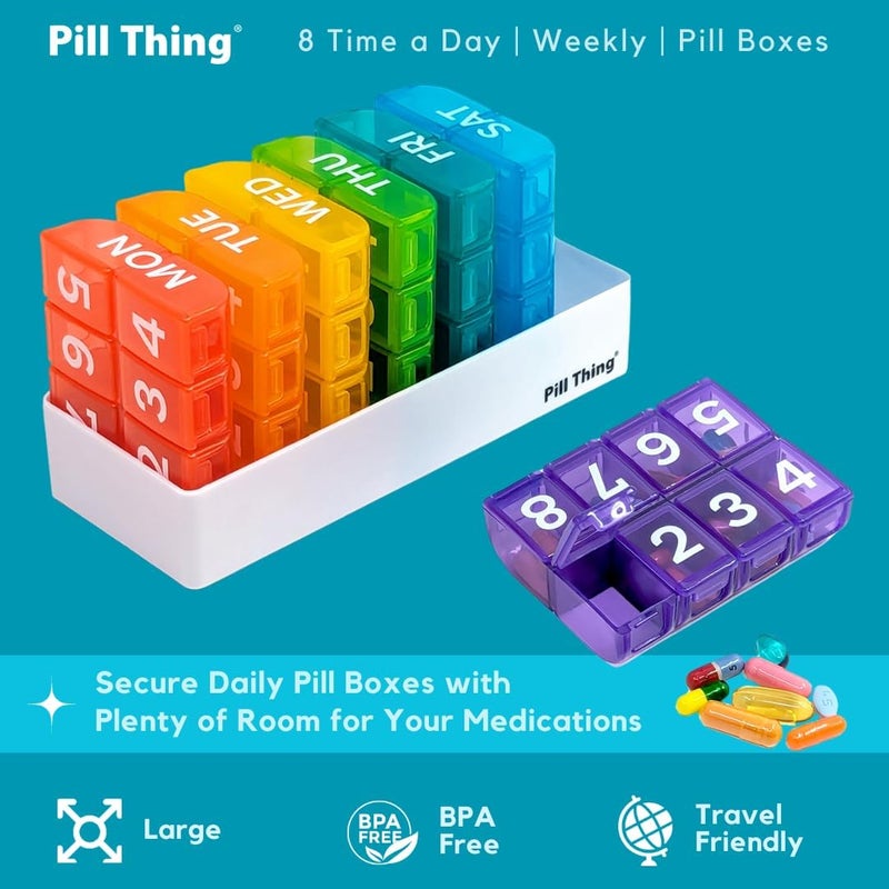pill thing 8 مرات في اليوم، منظم حبوب أسبوعي كبير لمدة 7 أيام مع صينية حامل، صندوق فيتامينات وأدوية، متعدد الألوان (8 مرات في اليوم - عبوة واحدة) - Image 5
