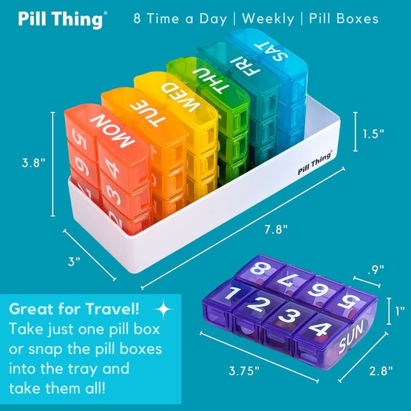 pill thing 8 مرات في اليوم، منظم حبوب أسبوعي كبير لمدة 7 أيام مع صينية حامل، صندوق فيتامينات وأدوية، متعدد الألوان (8 مرات في اليوم - عبوة واحدة) - Image 4