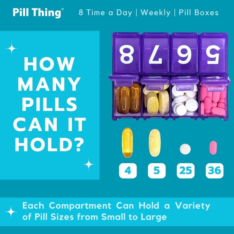 pill thing 8 مرات في اليوم، منظم حبوب أسبوعي كبير لمدة 7 أيام مع صينية حامل، صندوق فيتامينات وأدوية، متعدد الألوان (8 مرات في اليوم - عبوة واحدة) - Image 2