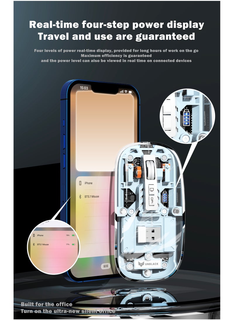 UNBLACK - UNBLACK Wireless Mouse Crystal Transparent, Gaming Adjustable DPI, Triple 2.4G Mode Switching Bluetooth 2, Rechargeable digital display Silent Mouse for PC Laptops Mac iPhone Android - Blue - Image 1