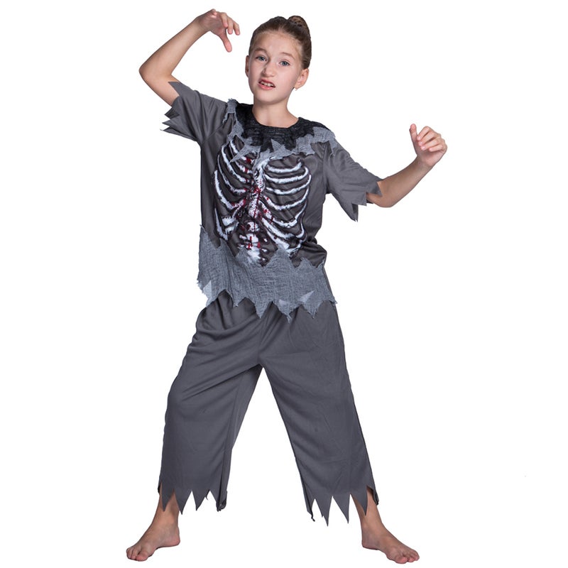 Unisex Child Halloween Skeleton Zombie Costumes Shirt + Pants Kit Masquerade Cosplay Party Props--M Size for 5-7 Years Old Kids - Image 1