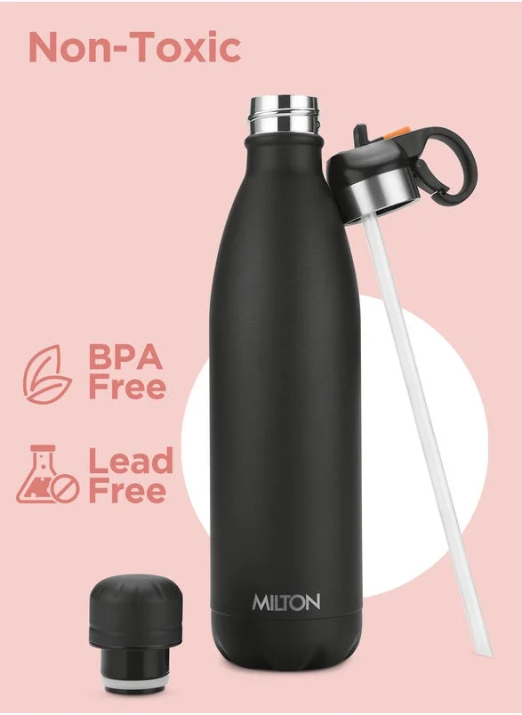 Milton MILTON 750ml Vacuum Insulated Water Bottle with Straw Lid - 2 lids included, Keeps Drinks Hot & Cold, 18/8 Stainless Steel, Double-Walled Flask with Inner Copper Coating - Sports, Gym - Larvik - Black Black