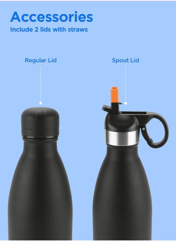Milton MILTON 750ml Vacuum Insulated Water Bottle with Straw Lid - 2 lids included, Keeps Drinks Hot & Cold, 18/8 Stainless Steel, Double-Walled Flask with Inner Copper Coating - Sports, Gym - Larvik - Black Black