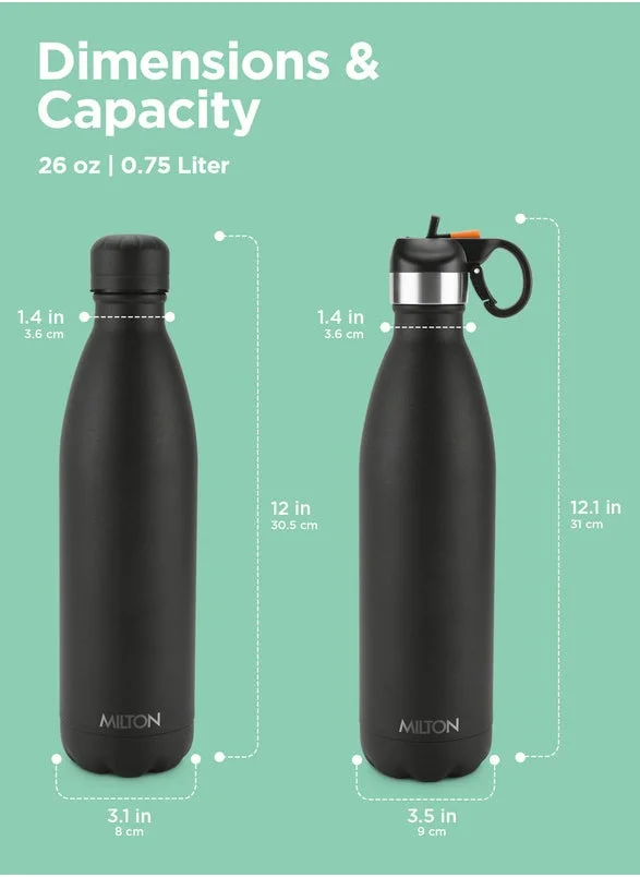 Milton MILTON 750ml Vacuum Insulated Water Bottle with Straw Lid - 2 lids included, Keeps Drinks Hot & Cold, 18/8 Stainless Steel, Double-Walled Flask with Inner Copper Coating - Sports, Gym - Larvik - Black Black