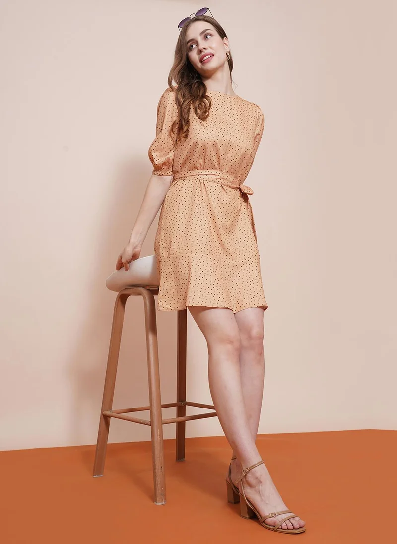 globus Globus Women Crepe Crew Neck Puff Sleeves Polka Dots A-Line Dress With Belt