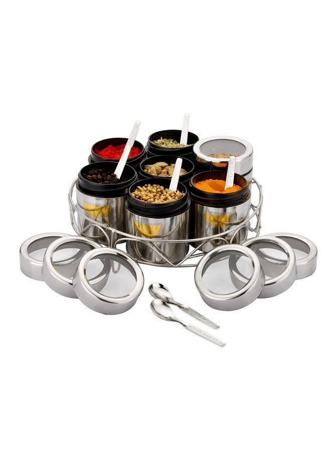 Maru Stainless Steel 7-in-1 Kitchen Storage Container Set with Round Wire Stand-175ml Multipurpose Containers with Durable See-Through Threaded Lids, Ideal for Organizing Spices, Herbs, and Dry Fruits - Image 1