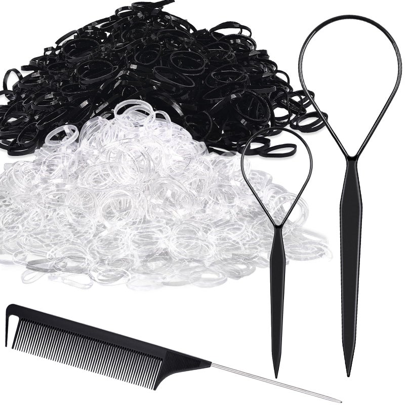 Topsy Tail Hair Styling Set IKOCO 1000pcs Hair Elastics 500 Clear 500 Black 2 Loop Tools 1 Rat Tail Comb