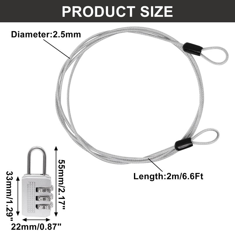 Sydien Cable Lock Double Loops 6.6Ft Long Silver Security Cable With Lock Bike Lock Cable 2.5Mm Braided Steel Coated Safety Cable Wire For Luggage Outdoor Clothesline (2 Pack) - Image 2