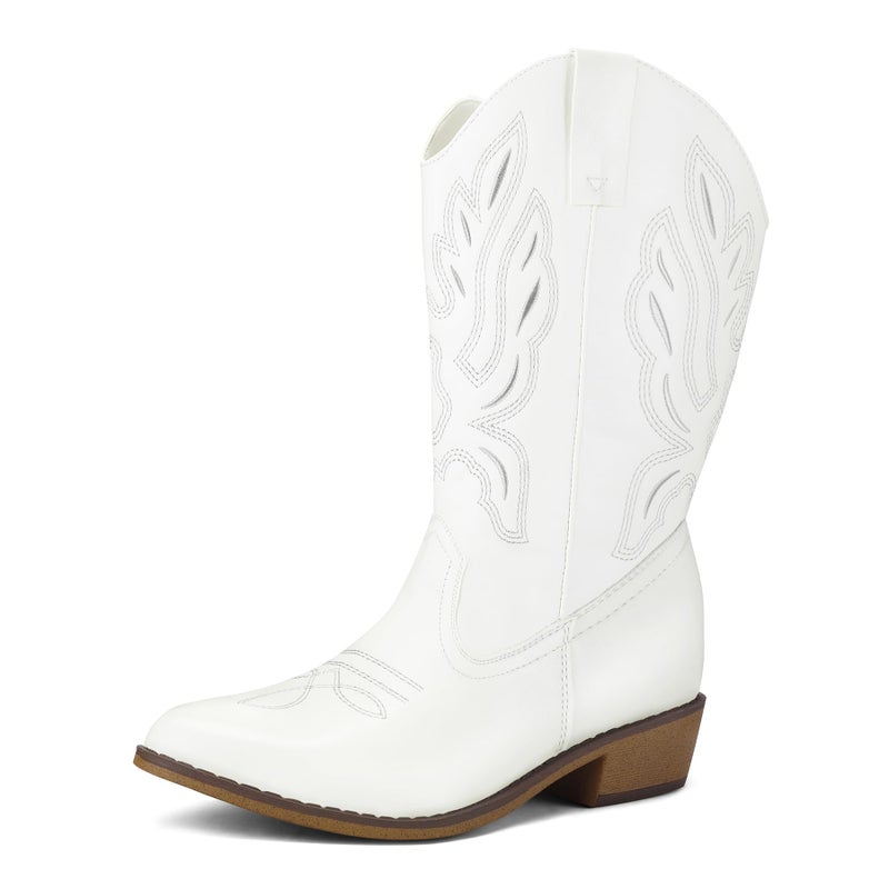 mysoft Women's Wide Calf Cowboy Boots Pull-On Mid-Calf Embroidered Pointed Toe Retro Western Boots - Image 1