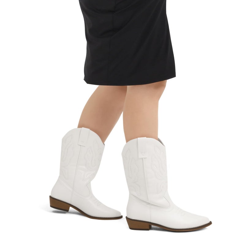 mysoft Women's Wide Calf Cowboy Boots Pull-On Mid-Calf Embroidered Pointed Toe Retro Western Boots - Image 3