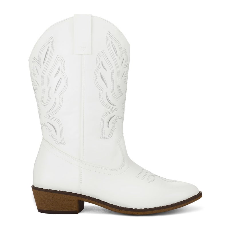 mysoft Women's Wide Calf Cowboy Boots Pull-On Mid-Calf Embroidered Pointed Toe Retro Western Boots - Image 4