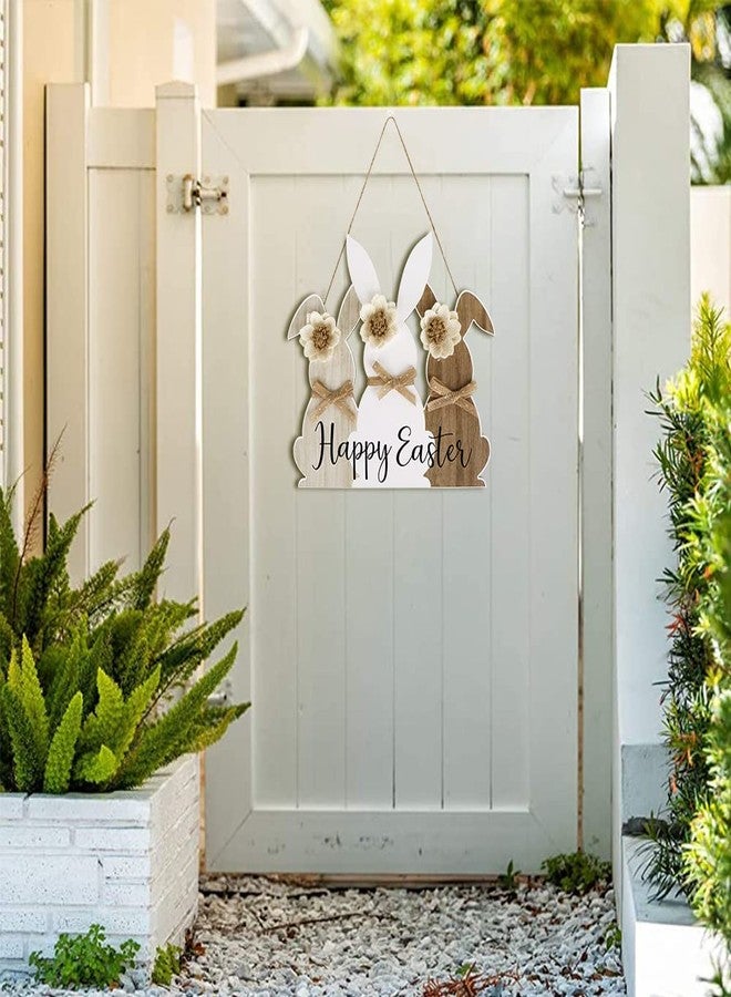 Treory Easter Wooden Hanging Sign, Cute Wooden Bunny Happy Easter Wreath Door Sign, Grey White Brown Rabbit with Rustic Bow Flower Door Decorations for Kids Home School Spring Party Decor - Image 5