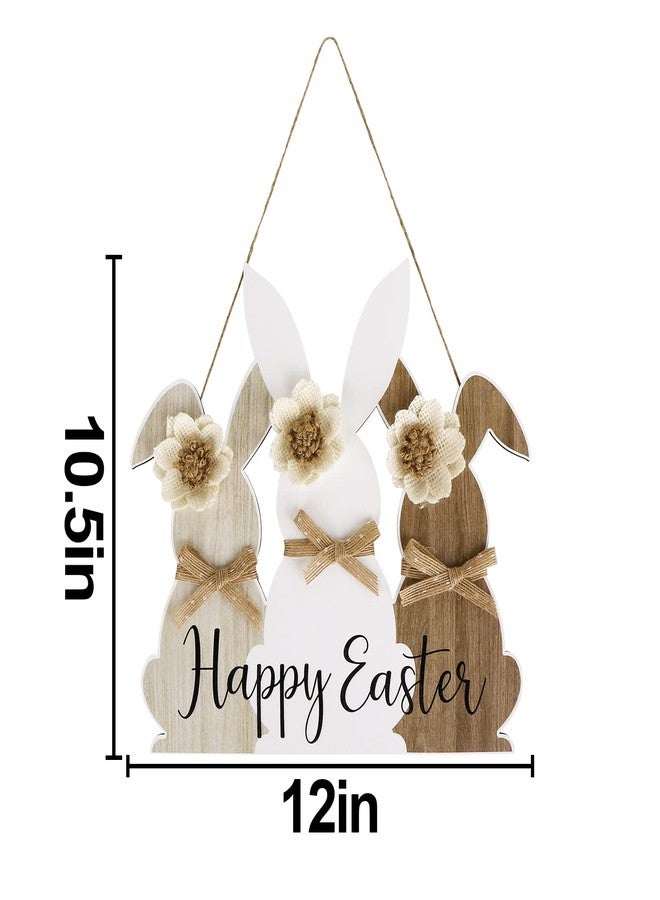 Treory Easter Wooden Hanging Sign, Cute Wooden Bunny Happy Easter Wreath Door Sign, Grey White Brown Rabbit with Rustic Bow Flower Door Decorations for Kids Home School Spring Party Decor - Image 2