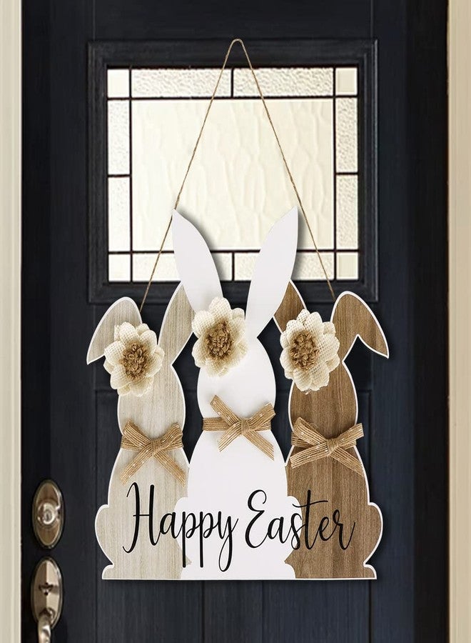 Treory Easter Wooden Hanging Sign, Cute Wooden Bunny Happy Easter Wreath Door Sign, Grey White Brown Rabbit with Rustic Bow Flower Door Decorations for Kids Home School Spring Party Decor - Image 1