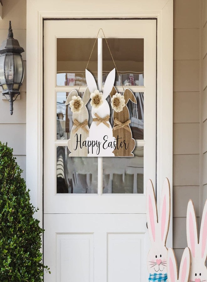 Treory Easter Wooden Hanging Sign, Cute Wooden Bunny Happy Easter Wreath Door Sign, Grey White Brown Rabbit with Rustic Bow Flower Door Decorations for Kids Home School Spring Party Decor - Image 4