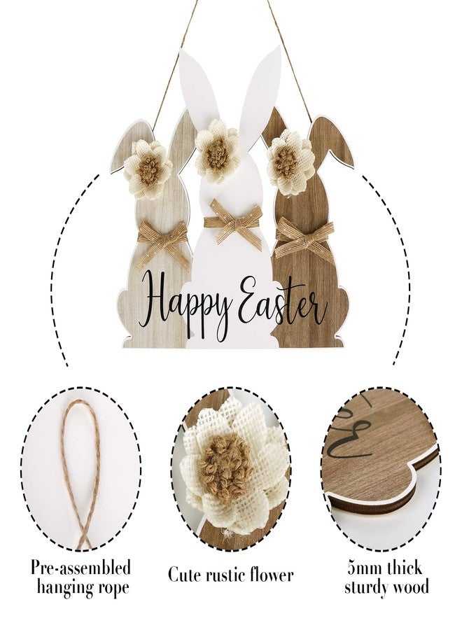 Treory Easter Wooden Hanging Sign, Cute Wooden Bunny Happy Easter Wreath Door Sign, Grey White Brown Rabbit with Rustic Bow Flower Door Decorations for Kids Home School Spring Party Decor - Image 3