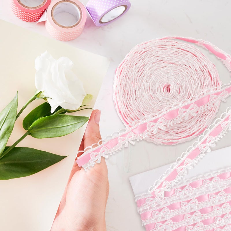 Winsyison 2 Yards Pink Lace Trim Ribbon, Vintage Lace Ribbon Roll for Bridal, Bow Trim Sewing Accessories for Bouquet Packaging Wrapping Wedding Decorations DIY Crafts - Image 4