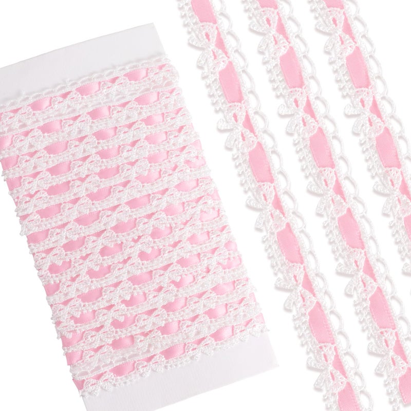 Winsyison 2 Yards Pink Lace Trim Ribbon, Vintage Lace Ribbon Roll for Bridal, Bow Trim Sewing Accessories for Bouquet Packaging Wrapping Wedding Decorations DIY Crafts - Image 1