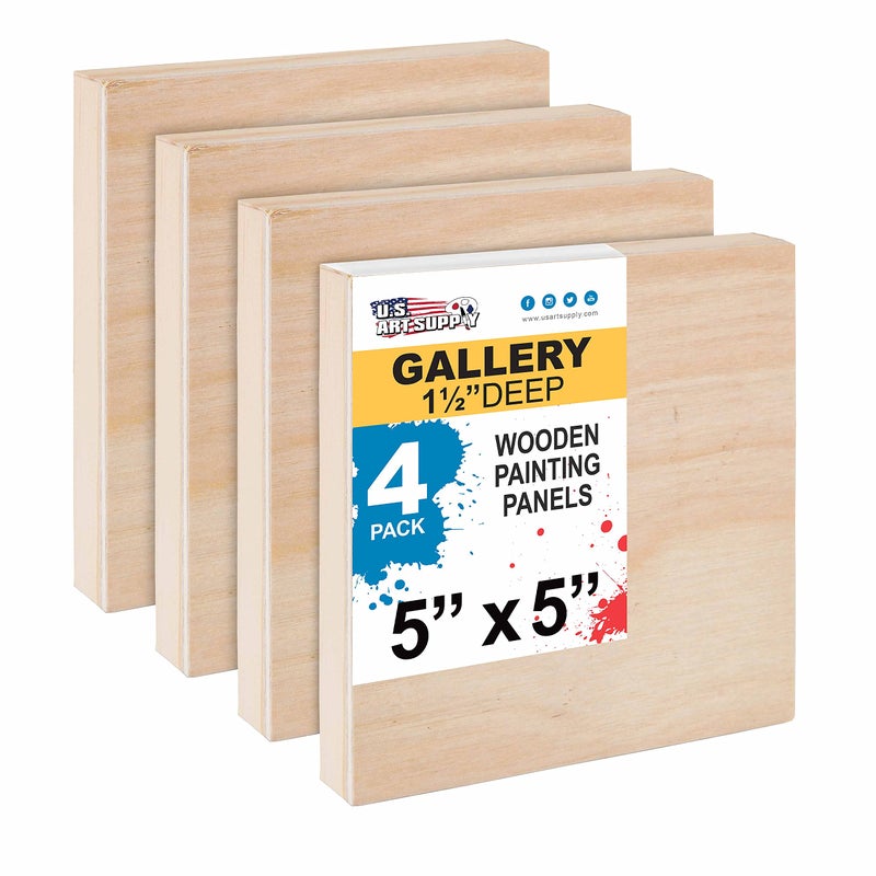 US Art Supply 5 x 5 Unfinished Cradled Wood Panels for Painting Gallery 112 Deep 4 Pack Artist Depth Wooden Wall Canvases MixedMedia Craft Acrylic Oil Encaustic Paint Pouring