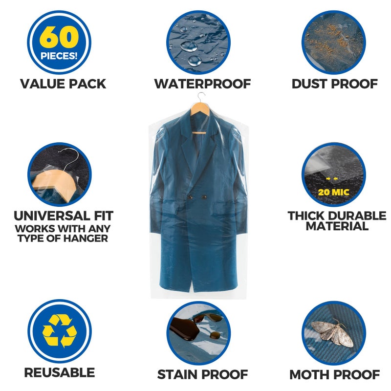 Storage Standard 60 حزمة من أكياس التنظيف الجاف للملابس بطول 40 بوصة - أكياس ملابس بلاستيكية شفافة لتعليق الملابس، منظف جاف، غطاء ملابس بلاستيكي لبدلات المعطف والقميص والسراويل - Image 3