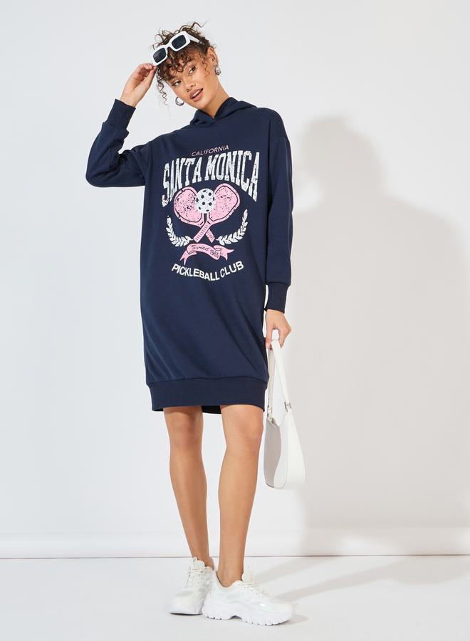 Styli Styli Graphic Print Hooded Sweatshirt Knee Length Dress - Image 1