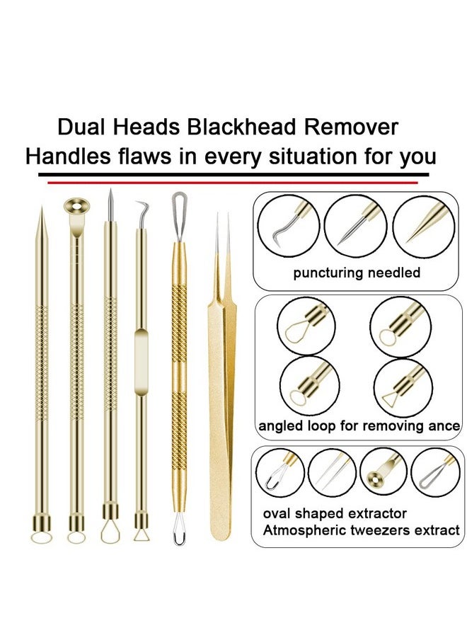 BLAAROOM - Pimple Popper Tool Kit 6 Pcs Blackhead Remover Acne Needle Tools Set Removing Treatment Comedone Whitehead Popping Zit For Nose Face Skin Blemish Extractor Tool Gold - Image 1