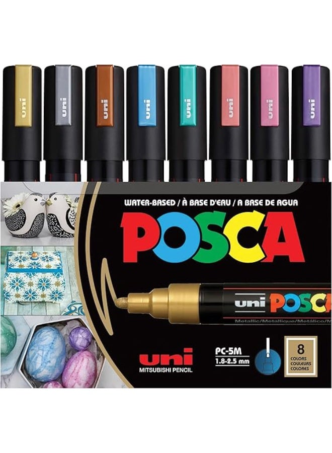 POSCA PC-5M Water Based Permanent Marker Paint Pens, Set of 8 (Metallic Colors) - Image 1