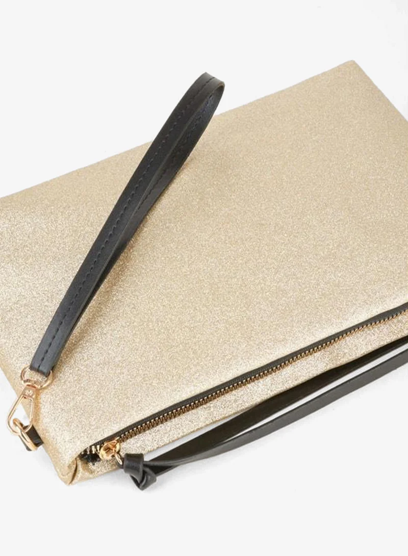 Women's Bellis Gold Glitter Lined Synthetic Leather Wrist Strap Portfolio Hand and Clutch Bag.