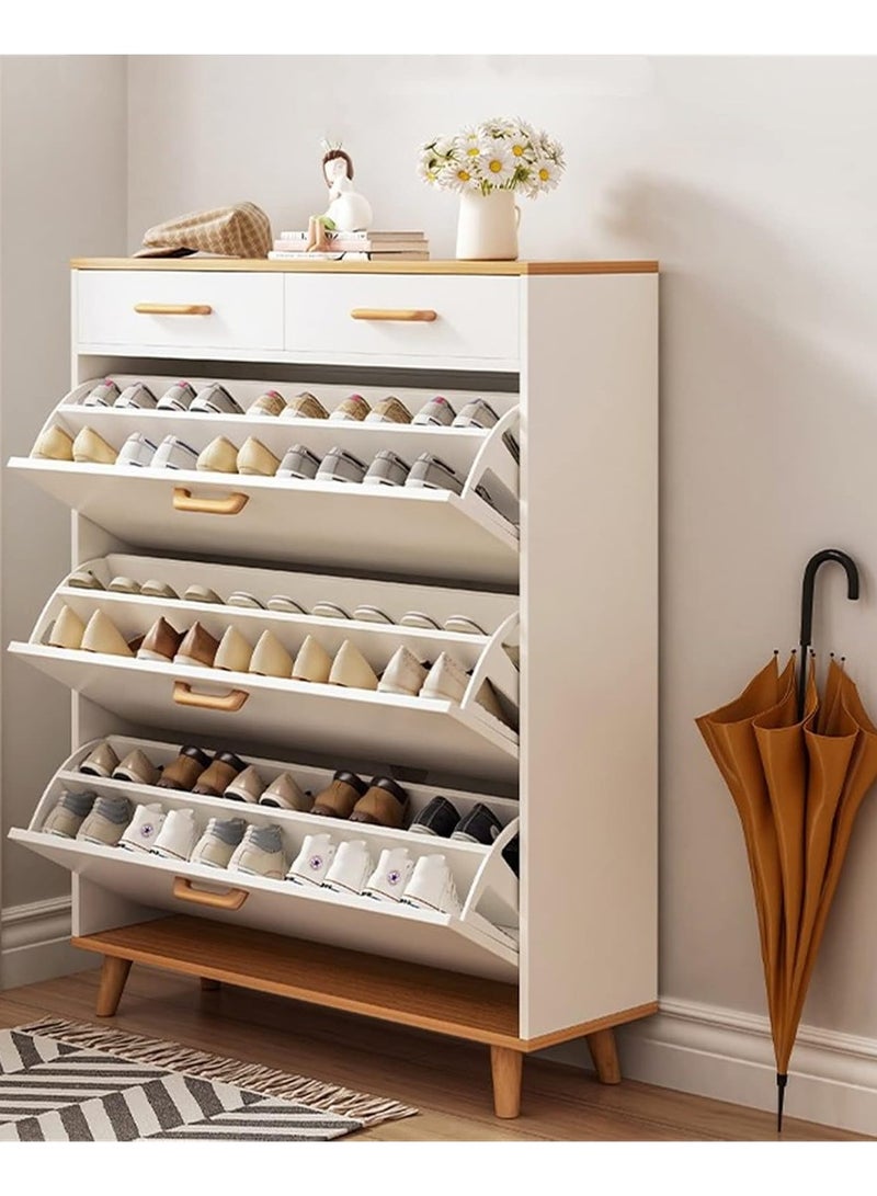 4-Tier Household Upgraded Tipping Bucket Design Shoe Rack With Drawers Large Space Shoe Organizer Cabinet Storage 15mm Thick Wood Rack 60 x 17 x 125 Centimeter