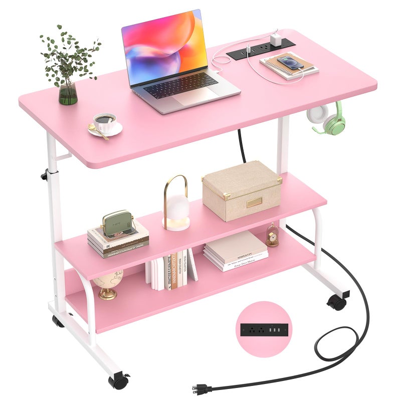 Armocity Rolling Standing Desk with Power Outlets, 32" Manual Height Adjustable Mobile Computer Desk with Wheels, Small Portable Sit Stand Laptop Couch Table for Bed & Sofa Home Office, Pink - Image 1