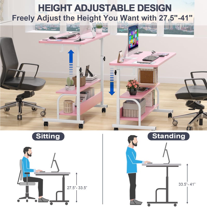 Armocity Rolling Standing Desk with Power Outlets, 32" Manual Height Adjustable Mobile Computer Desk with Wheels, Small Portable Sit Stand Laptop Couch Table for Bed & Sofa Home Office, Pink - Image 4