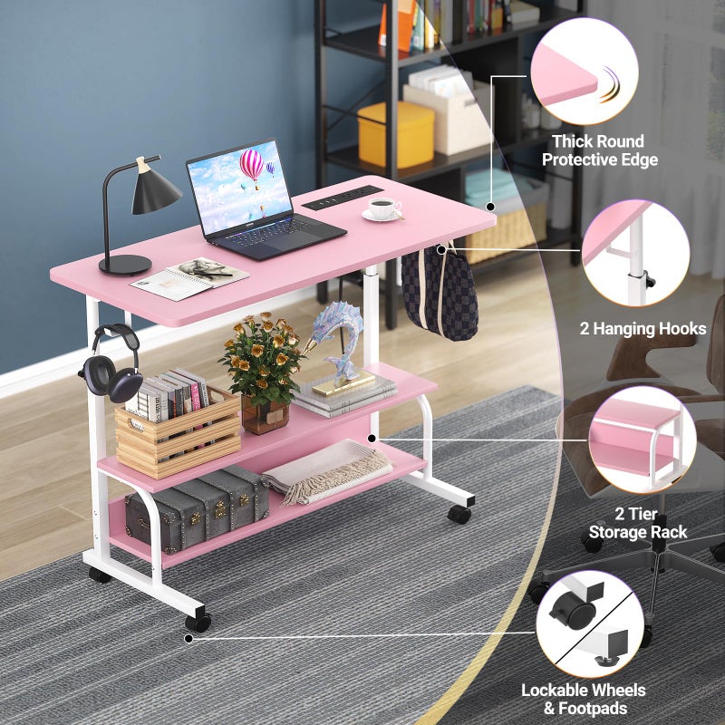 Armocity Rolling Standing Desk with Power Outlets, 32" Manual Height Adjustable Mobile Computer Desk with Wheels, Small Portable Sit Stand Laptop Couch Table for Bed & Sofa Home Office, Pink - Image 3