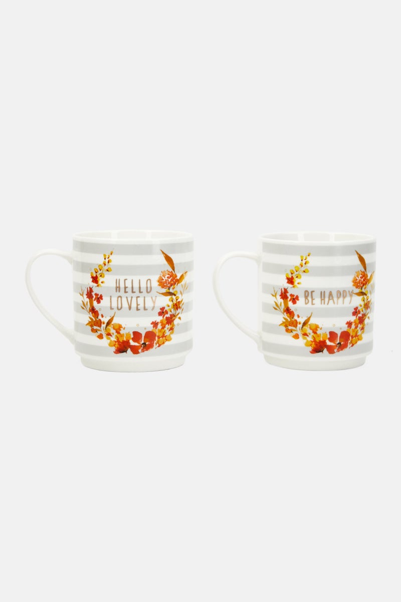 Creative Tops 2 Pieces Be Happy and Hello Lovely Fine china Stacking Mug 300 ml, Grey  - Image 1