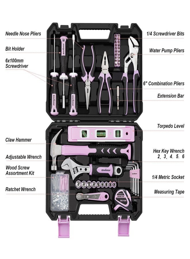Enventor Pink Tool Kit Set for Women, 146PCS General Household Hand Tool Kit with Storage Toolbox, Ladies Small Basic Tool Kits for Home Maintenance, DIY Projects - Image 2