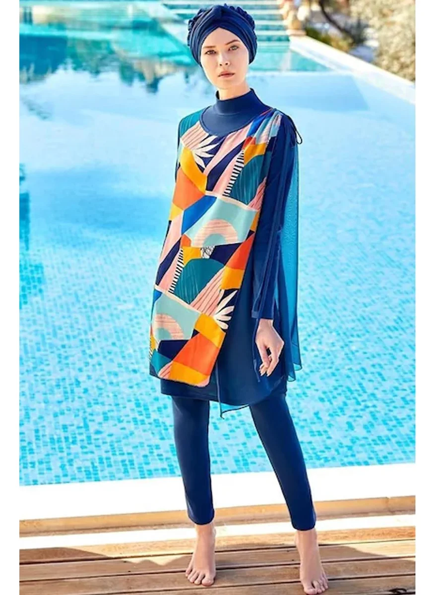 أداسيا Women's Long Sleeve Fully Covered Pareo Design Hijab Swimsuit 4360 Light Navy Blue