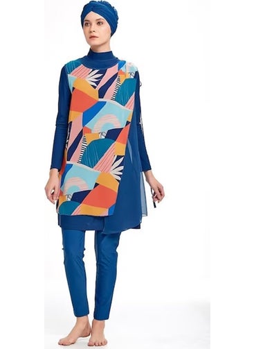 Adasea Women's Long Sleeve Fully Covered Pareo Design Hijab Swimsuit 4360 Light Navy Blue  - Image 3